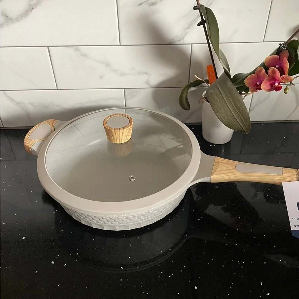 Light Gray Ceramic Nonstick Cookware Set with Wood-Effect Handles